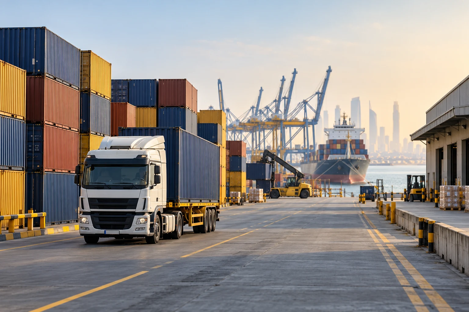 Custom illustration of a container truck, port terminal and warehouse