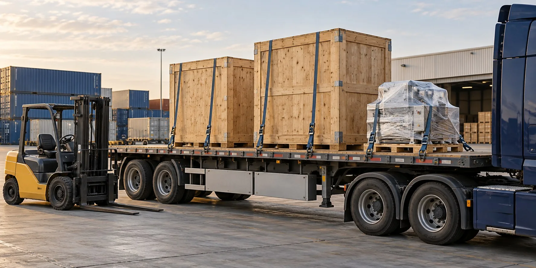 Illustrative project shipment with export crates and a wrapped machine on a flatbed trailer