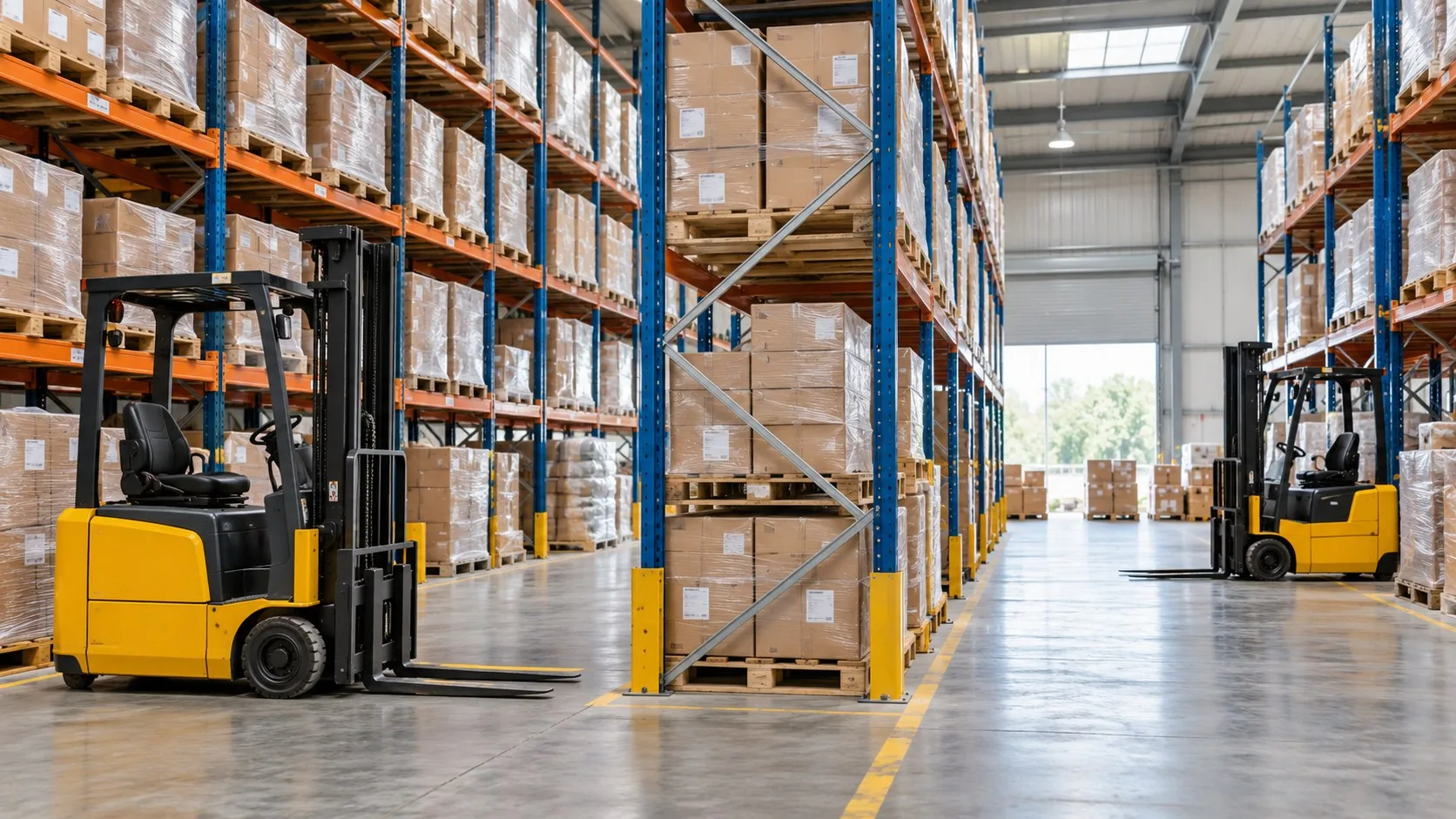 Illustrative warehouse scene with forklifts, pallet racks and packaged goods
